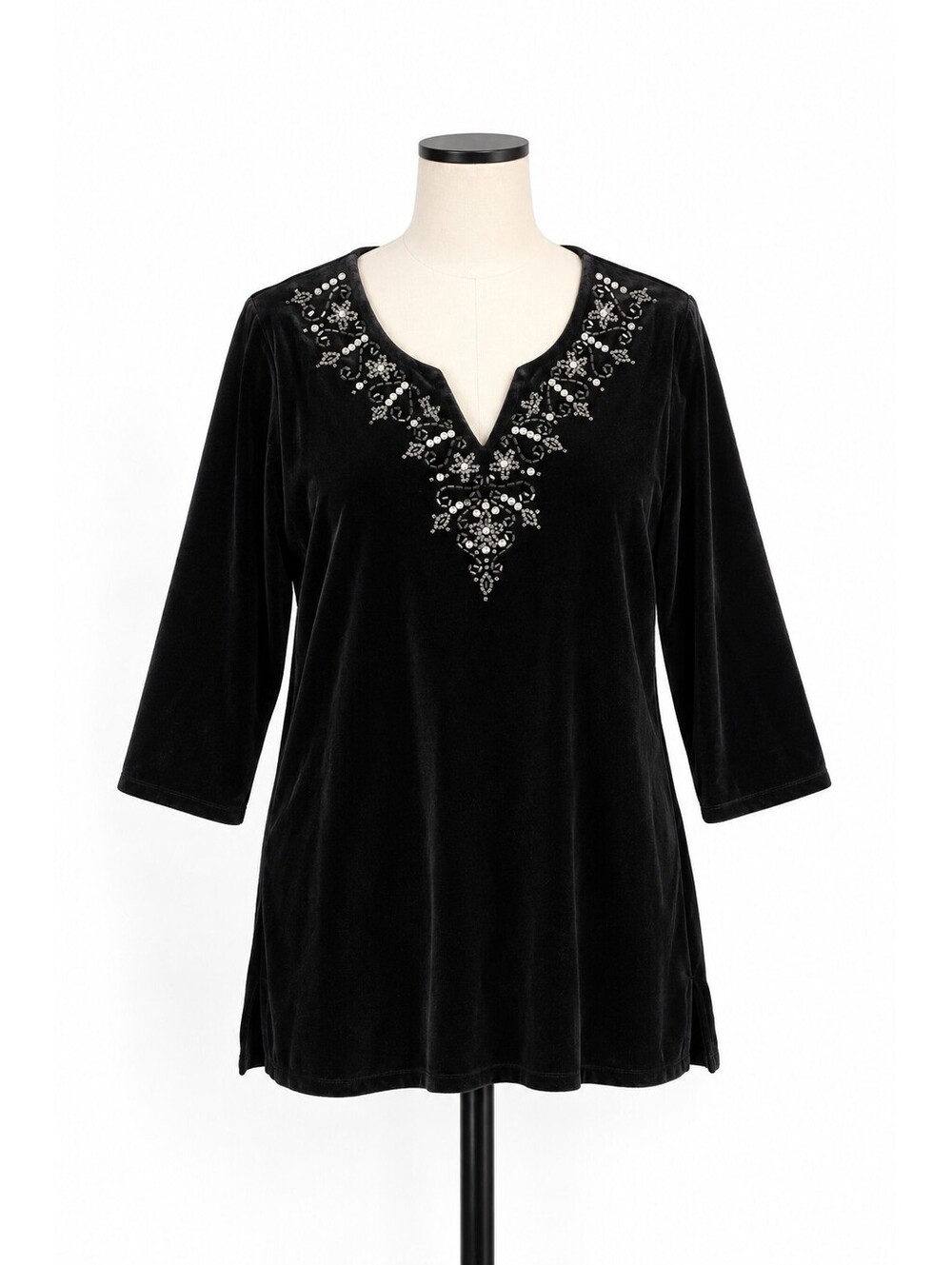 Quacker Factory Black Velour Beaded Rhinestone Tunic Top Holiday Glam Womens 1X